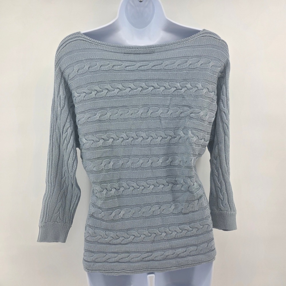 Lauren Ralph Lauren Blue Cable Knit Boat Neck Dolman Sweater S Cotton Viscose - Picture 2 of 7